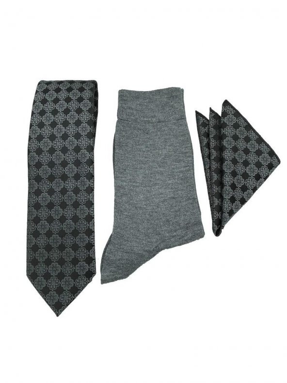 Brianze Gri Motif  Desen Kravat Mendil Çorap Hediyelik Set - 3