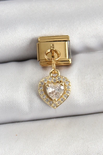 316L Çelik Sallantılı Zirkon Taşlı Kalp Model Gold Renk Nomination Charm - TJ-BC1442 ürün görseli