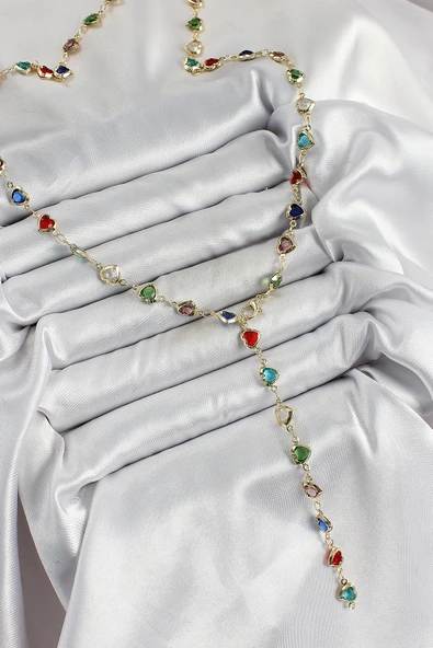 Pirinç Gold Renk Karışık Renk Zirkon Taşlı Kalpli Y Kadın Kolye - TJ-BKO10303 ürün görseli