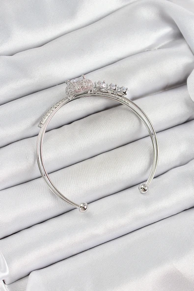 Pirinç Gümüş Renk Kalpli Zirkon Taşlı Kadın Bileklik - TJ-BB7065 - Resim 2