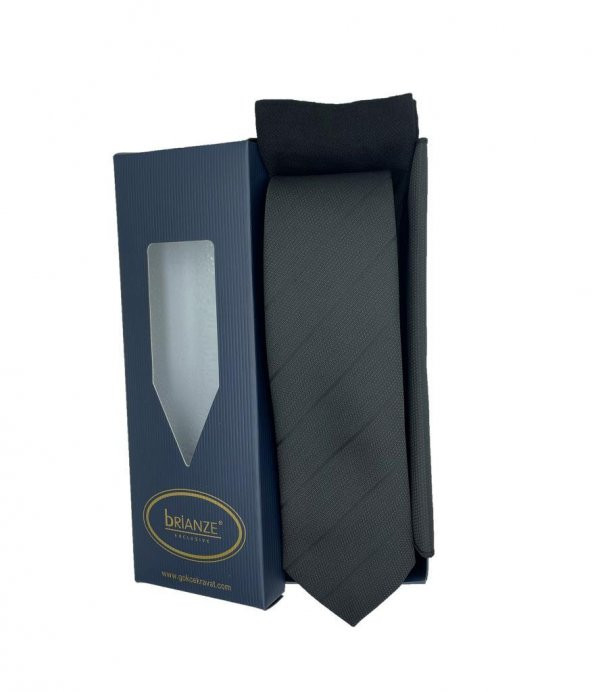 Brianze Siyah Çizgili Desen Kravat Mendil Çorap Hediyelik Set