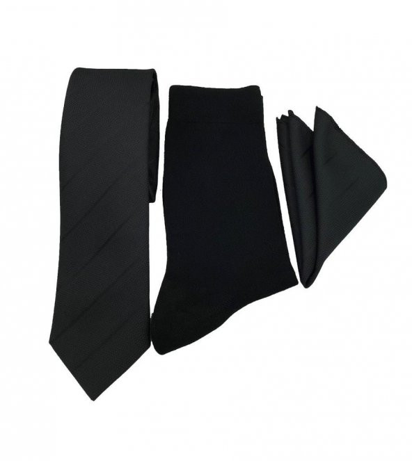 Brianze Siyah Çizgili Desen Kravat Mendil Çorap Hediyelik Set - 3