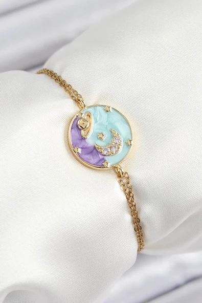 316L Çelik Zincir Mineli Sanatsal Portre Zirkon Taşlı Gezegen Model Gold Renk Kadın Bileklik - TJ-BB7233 ürün görseli