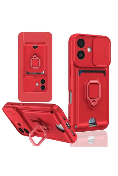 iPhone 16 Kılıf Zuma Kartvizitli Yüzüklü Silikon - Kırmızı ürün görseli 1