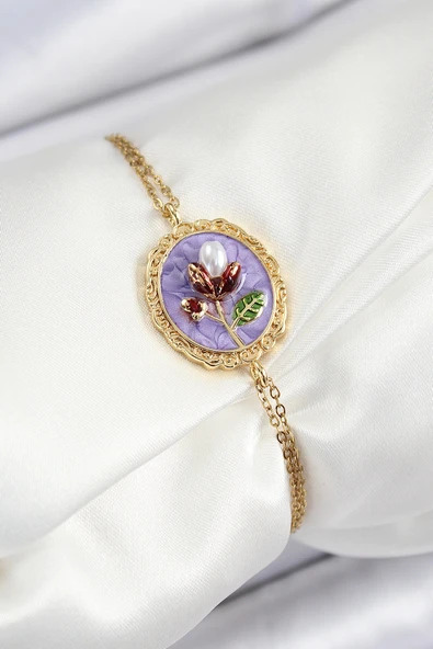 316L Çelik Zincir Mor Mineli Sanatsal Portre İnci Detaylı Lale Model Gold Renk Kadın Bileklik - TJ-BB7236 ürün görseli