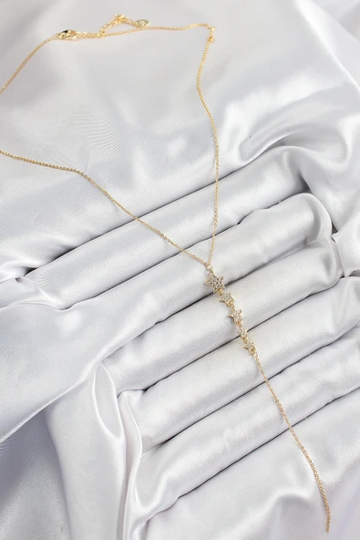 Pirinç Zirkon Taşlı Sıralı Yıldız Figürlü Y Model Gold Renk Kadın Kolye - TJ-BKO10314 - Resim 2