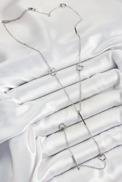 316L Çelik Kelebek Figürlü Y Model Gümüş Renk Kadın Kolye - TJ-BKO10330 - Resim 2