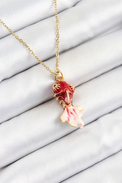 316L Çelik Zincir Kırmızı Balık Model Gold Renk Kadın Kolye - TJ-BKO10325 ürün görseli