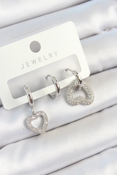 Pirinç Zirkon Taşlı Kalp Model Gümüş Renk 3'lü Çift Kadın Küpe Set - TJ-BKP10801 ürün görseli