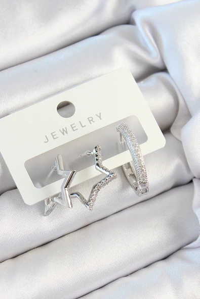 Pirinç Zirkon Taşlı Yıldız Ve Halka Model Gümüş Renk 3'lü Çift Kadın Küpe Set - TJ-BKP10808 ürün görseli