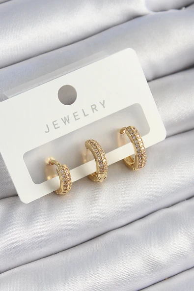 Pirinç Zirkon Taşlı Yıldız Model Gold Renk 3'lü Çift Kadın Küpe Set - TJ-BKP10836 ürün görseli