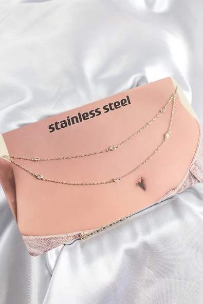 316L Çelik Zirkon Taşlı Damla Model Gold Renk Göbek Zinciri - TJ-BKGZ10342 ürün görseli