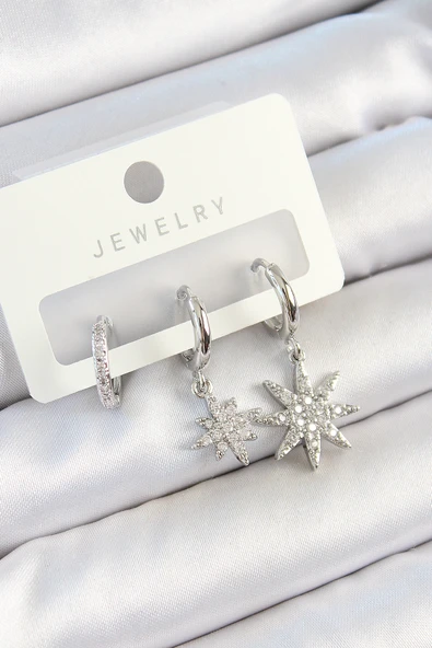 Pirinç Zirkon Taşlı Kutup Yıldızı Model Gümüş Renk 3'lü Çift Kadın Küpe Set - TJ-BKP10803 ürün görseli