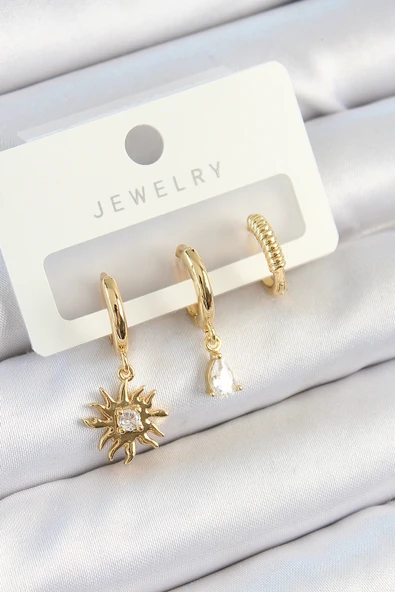 Pirinç Zirkon Taşlı Güneş Model Gold Renk 3'lü Çift Kadın Küpe Set - TJ-BKP10824 ürün görseli