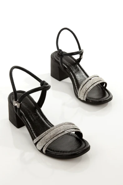 MİA100-Tpk-1119 RAHAT TAŞLI ABİYE Günlük-Düğün-Eğlence-Tatil SİYAH KIRIŞIK RUGAN Topuklu Ayakkabı - 4