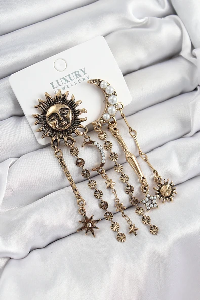 Pirinç Zirkon Taşlı Güneş Ve Ay Figürlü Eskitme Model Sallantılı Küpe - TJ-BKP10862 ürün görseli