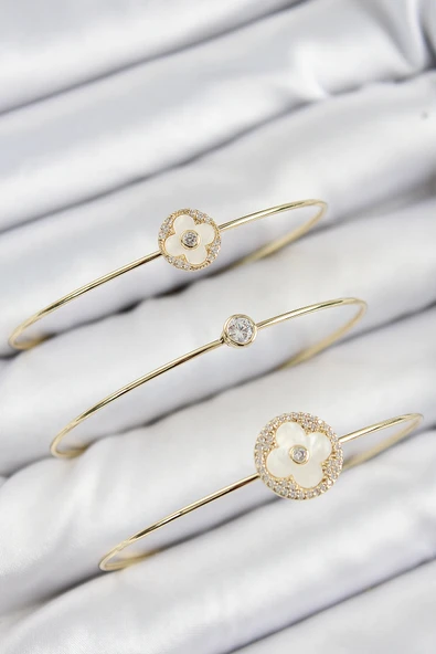 Pirinç Zirkon Taşlı Yonca Model Gold Renk Vip 3'lü Kadın Bileklik - TJ-BB7336 - Resim 2