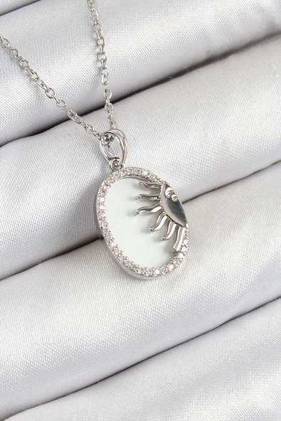 316L Çelik Zirkon Taşlı Yarım Güneş Model Gümüş Renk Kadın Kolye - TJ-BKO10344 ürün görseli