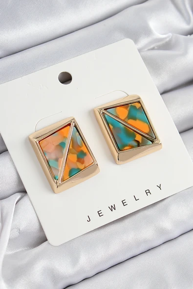 Pirinç  Turuncu Yeşil Üçgen Kesim Detaylı Kare Model Vintage Gold Renk Kadın Küpe - TJ-BKP10872 ürün görseli