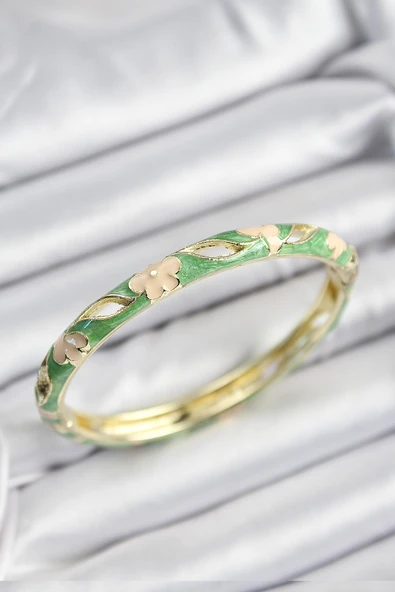 Mineli Pirinç Yeşil Ve Krem Çiçek Motifli Gold Renk Kadın Kelepçe - TJ-BB7371 ürün görseli