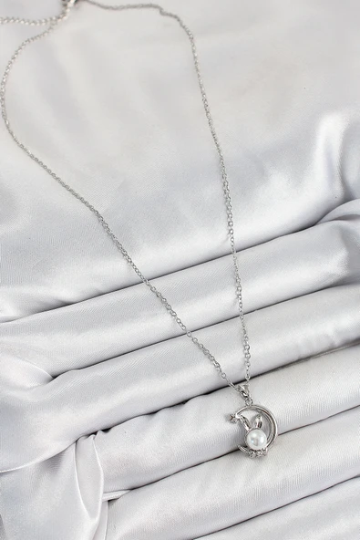 316L Çelik İnci Detaylı Hilal Tavşan Model Gümüş Renk Kadın Kolye - TJ-BKO10348 - Resim 2