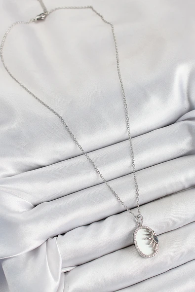 316L Çelik Zirkon Taşlı Yarım Güneş Model Gümüş Renk Kadın Kolye - TJ-BKO10344 - Resim 2