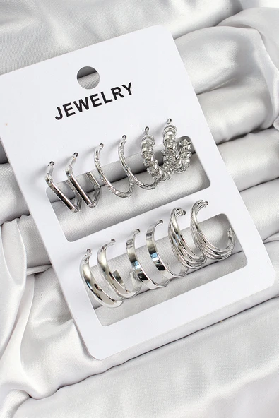 Pirinç Karışık Halka Model Gümüş Renk 6 Çift Kadın Küpe Set - TJ-BKP10888 ürün görseli