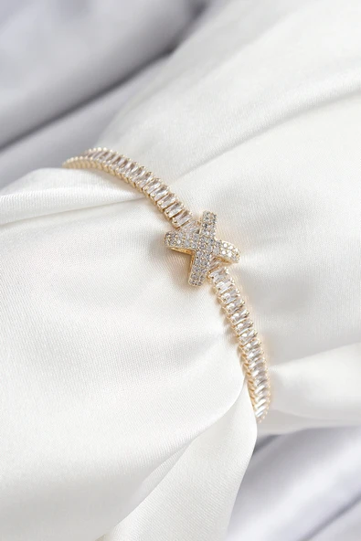 Pirinç Zirkon Taşlı X Detaylı Su Yolu Model Gold Renk Asansörlü Kadın Bileklik - TJ-BB7468 ürün görseli