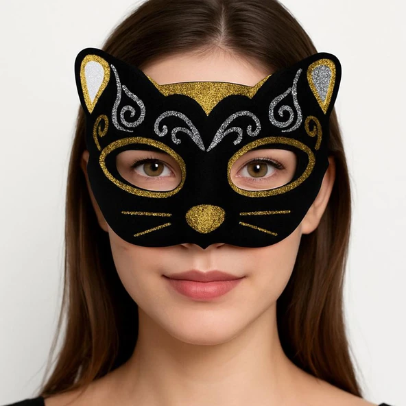 Kadife Dokulu Sim Detaylı Işıltılı Kedi Maskesi Altın Gümüş 20x13 cm ürün görseli