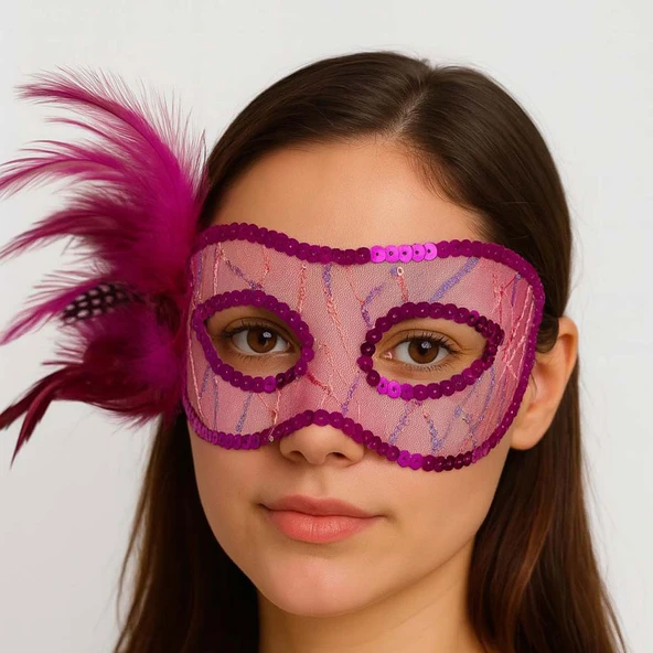 Fuşya Renk Yandan Tüylü Pul Payet İşlemeli Parti Maskesi 23x12 cm ürün görseli