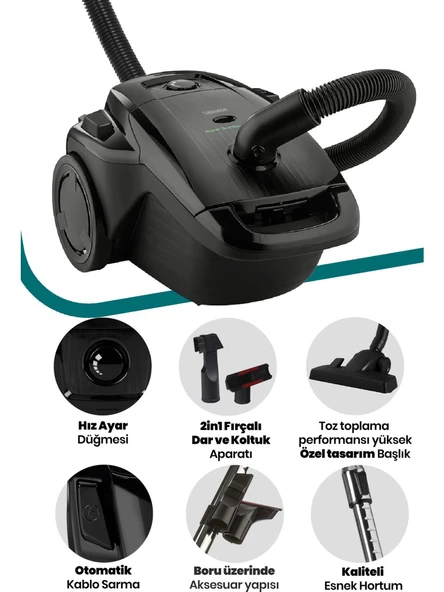 Goldmaster GM-7514 Zümrüt Toz Torbalı Süpürge - Resim 3