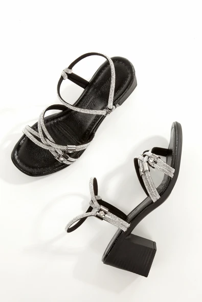 MİA100-Tpk-1117 RAHAT TAŞLI ABİYE Günlük-Düğün-Eğlence-Tatil SİYAH KIRIŞIK RUGAN Topuklu Ayakkabı - 2