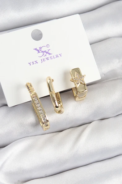 Pirinç Zİrkon Taşlı Yıldız Model Gold Renk 3'lü Kadın Küpe - TJ-BKP10943 ürün görseli