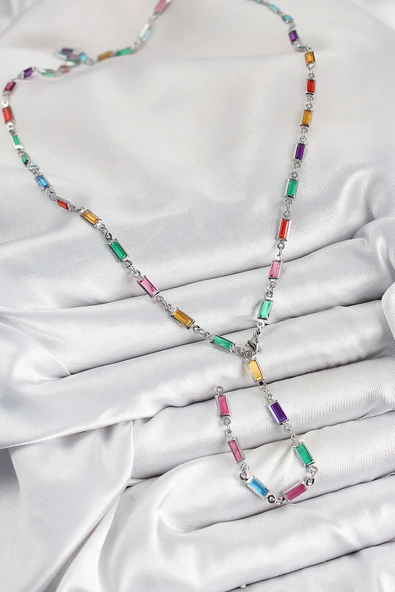 Pirinç Renkli Zirkon Taşlı Dikdörtgen Model Gümüş Renk Kadın Y Kolye - TJ-BKO10385 - Resim 2