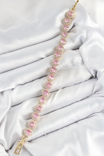 Pirinç Pembe Zirkon Taşlı Daire Baget Model Gold Renk VIP Seri Kadın Bileklik - TJ-BB7512 - Resim 2