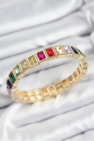 Pirinç Karışık Zirkon Taşlı Dikdörtgen Model Gold Renk Lastikli Kadın Bileklik - TJ-BB7493 ürün görseli