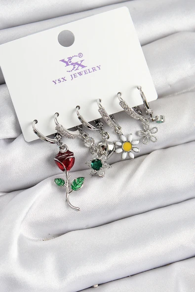 Pirinç Zİrkon Taşlı Gül Ve Papatya Model Gümüş Renk 3'lü Çift Kadın Küpe - TJ-BKP10956 ürün görseli