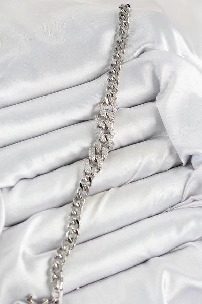 Pirinç Zirkon Taşlı Küba Zincir Model Gümüş Renk Kadın Bileklik - TJ-BB7534 - Resim 2