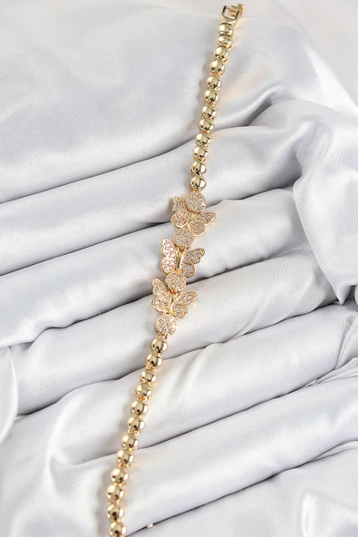 Pirinç Zirkon Taşlı Kelebek Model Gold Renk Kadın Bileklik - TJ-BB7541 - Resim 2