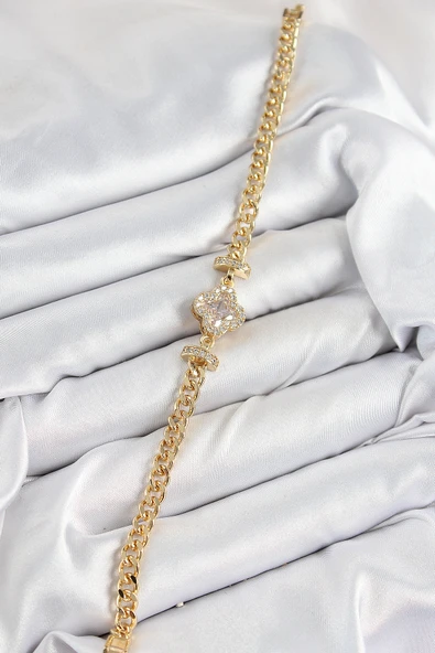 Pirinç Zirkon Taşlı Yonca Model Gold Renk Kadın Bileklik - TJ-BB7537 - Resim 2