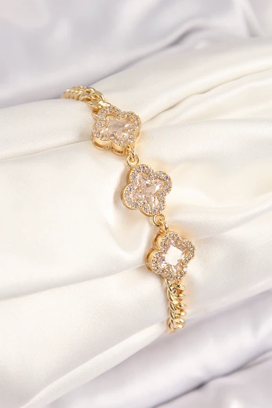 Pirinç Zirkon Taşlı Yonca Model Gold Renk Kadın Bileklik - TJ-BB7545 - 1