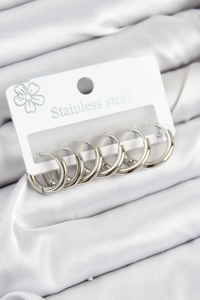 316L Çelik Halka Model Gümüş Renk 3'lü Set Kadın Küpe - TJ-BKP10984 ürün görseli