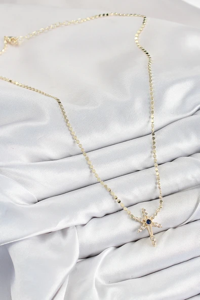 Pirinç Zirkon Taşlı Kutup Yıldızı Model Ezme Zincir Gold Renk Kadın Kolye - TJ-BKO10388 - Resim 2