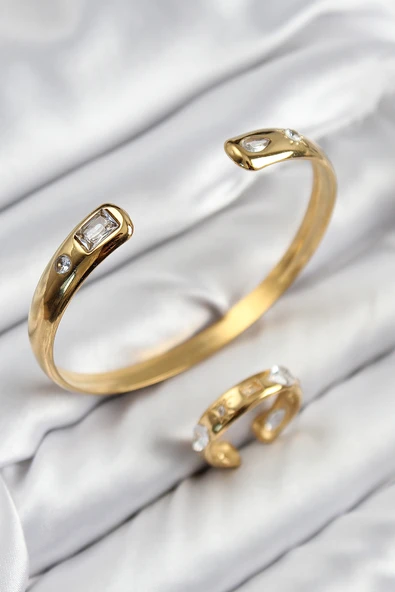 Pirinç Zirkon Taşlı Ayrık Model Gold Renk Bileklik Yüzük Set - TJ-BB7605 - 1