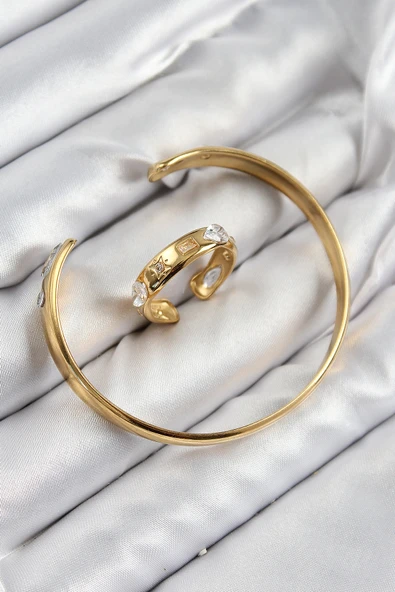 Pirinç Zirkon Taşlı Ayrık Model Gold Renk Bileklik Yüzük Set - TJ-BB7605 - 2