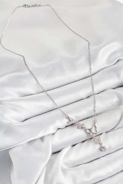 316L Çelik Zirkon Taşlı Kelebek Model Gümüş Renk Kadın Kolye - TJ-BKO10404 - Resim 2