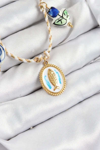 Seramik Motifli Balık Figürlü Model Krem İp Kadın Kolye - TJ-BKO10400 ürün görseli