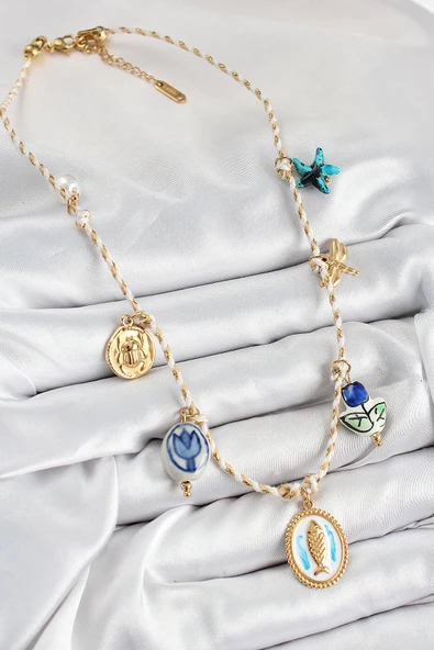 Seramik Motifli Balık Figürlü Model Krem İp Kadın Kolye - TJ-BKO10400 - Resim 2