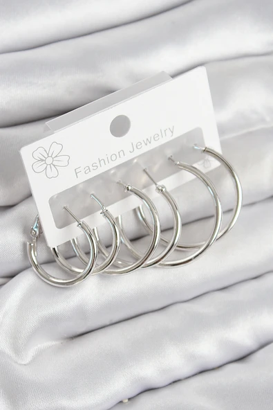 Pirinç Halka Model Gümüş Renk Kadın Set Küpe - TJ-BKP11044 ürün görseli