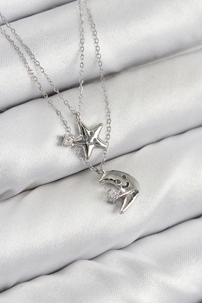 Pirinç Zirkon Taşlı Yıldız Ve Ay Model Gümüş Renk Kadın Kolye - TJ-BKO10423 ürün görseli